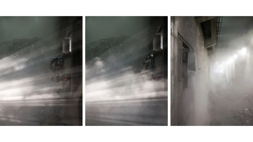 Die acht Fotografien von Friederike von Rauch zeigen Innenräume industrieller Anlagen, aufgenommen in zurückhaltendem Licht und mit reduziertem Farbspektrum. Im Fokus stehen Räume, Strukturen und Materialien, die durch Lichtstrahlen, Dunst, Nebel oder Staub eine atmosphärische Tiefe erhalten.